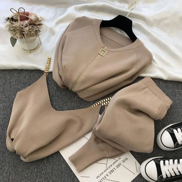 

women 2021 autumn winter zipper knitted cardigans + chain vest and pants 3pcs sets temperament suit tracksuits women's outfits two piec, White