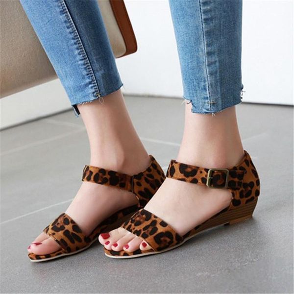 

2021 summer women leopard sandals wedge low heels ankle strap lady casual comfort walk daily shoes plus size, Black