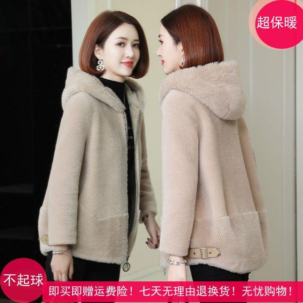 

women's jackets 2021 cashmere coat hooded fur one particle lamb wool, Black;brown