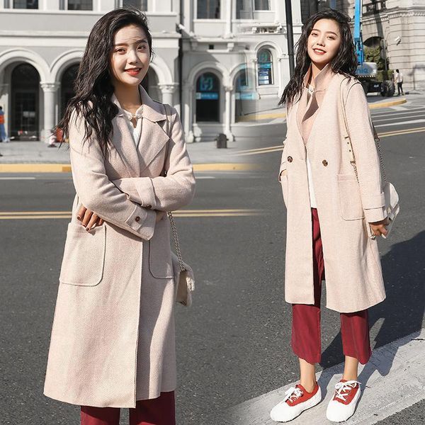 

women's wool & blends winter long coat korean fashion simple style pale pink elegant temperament solid womens clothing loose1 039d, Black