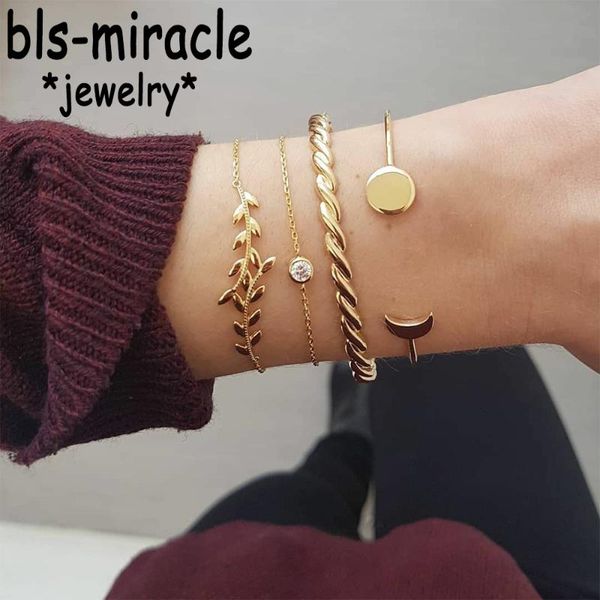 

bangle bohemian leaves bracelets multilayer set for women 2021 fashion friend gifts chains charm twisted bracelet jewelry, Black