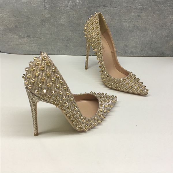 

2021 women's golden celebrity rivet high heels net red 12cm pointed thin heel shallow mouth single shoe liuding sho, Black