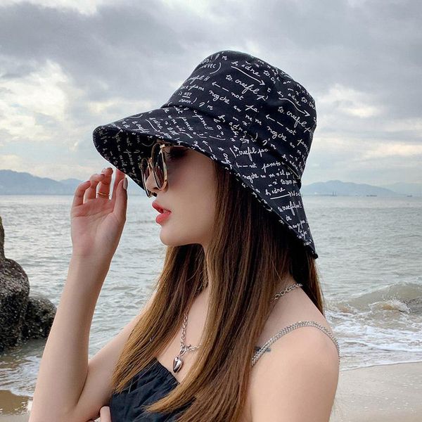 

simple cotton letter big brim fisherman hat ladies sun protection bucket travel beach caps panama wide hats, Blue;gray
