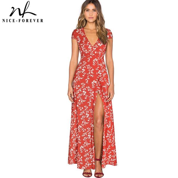 Nice-forever Summer Bohemian Floral Stampato Sexy Side Split Abiti Beach Women Flare Maxi Dress A098 210419