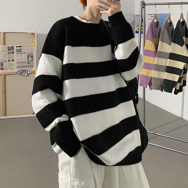 

men's sweaters striped sweater round neck thickened men pullovers korean style oversize fashion winter men's clothing, White;black
