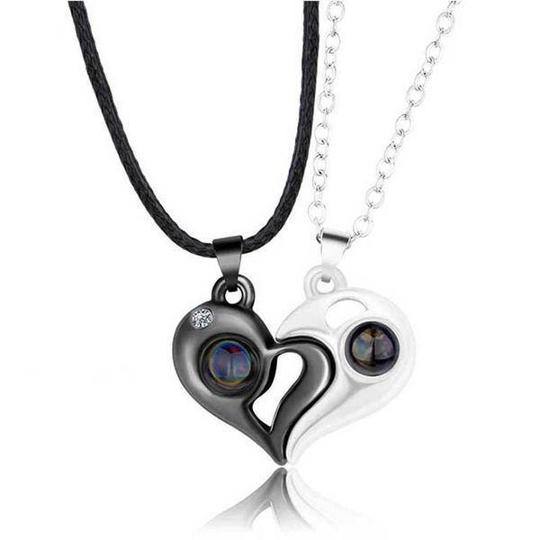 

pendant necklaces 2pcs/set couple 100 languages i love you lovers heart magnetic projection jewelry valentine's day gift, Silver