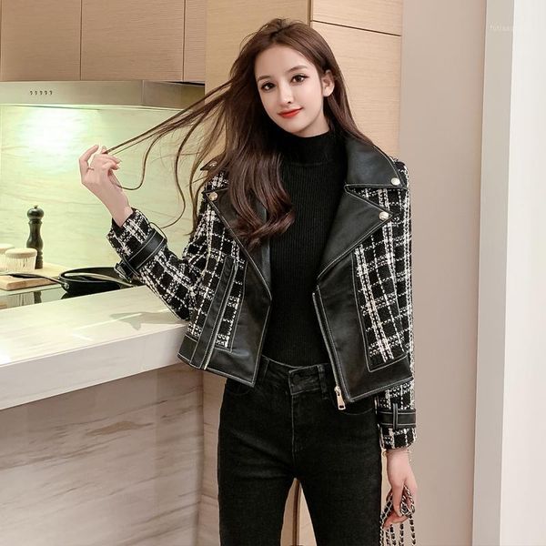 

women's jackets was thin tweed stitching pu leather handsome korean coat motorcycle jacket female tide 2021, Black;brown