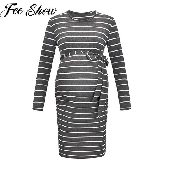 

autumn pregnancy dresses pregnant women long sleeve bodycon casual stripe dress mother home clothes maternity waistband, White