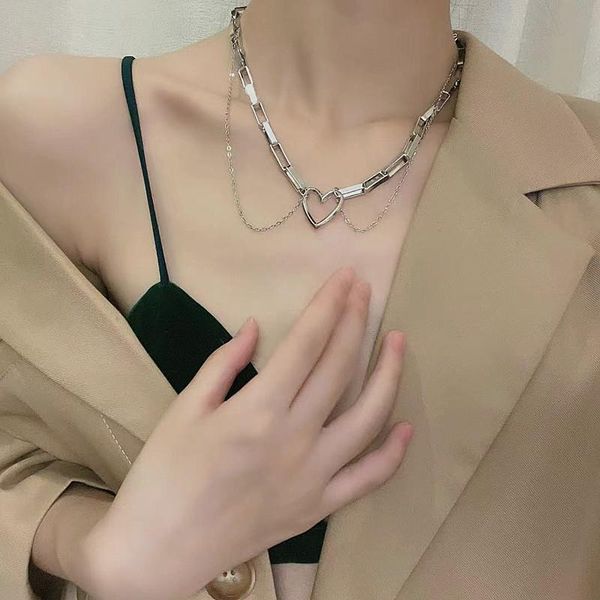 

pendant necklaces trendy double layer long chain necklace for women punk hollow love heart choker jewelry gift, Silver
