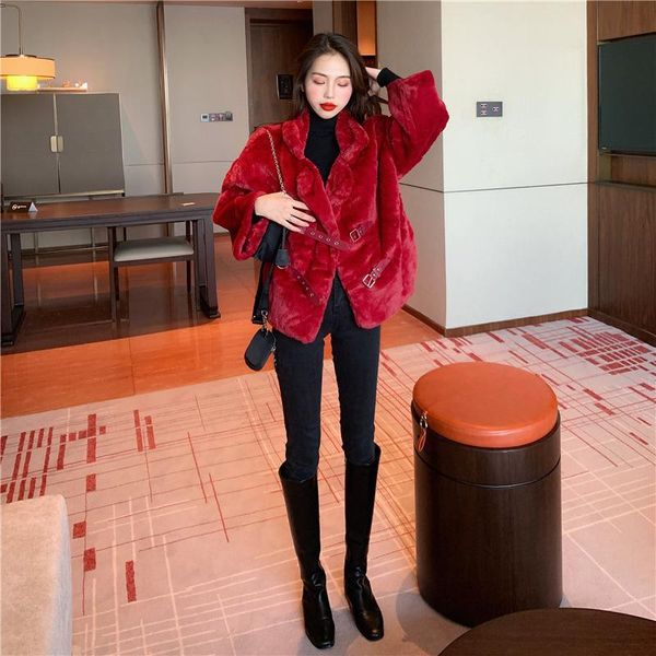 

women's fur & faux 2021 jacket winter ladies fashion leather buckle thicken korean sweet imitation plush outerwear women coat, Black