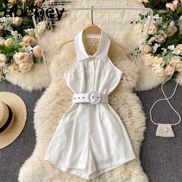 

design hollow backless rompers women halter sleeveless off shoulder jumpsuit summer vacation beach short 210512, Black;white