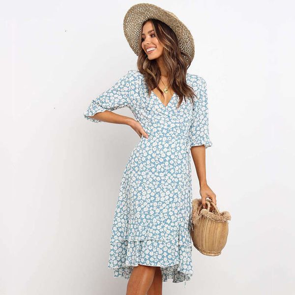 

dresses women's v-neck casual floral irregular pastoral dress, Black;gray