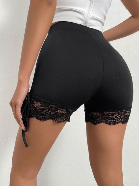 

contrast lace scallop trim tie side biker shorts d7qj#, Black
