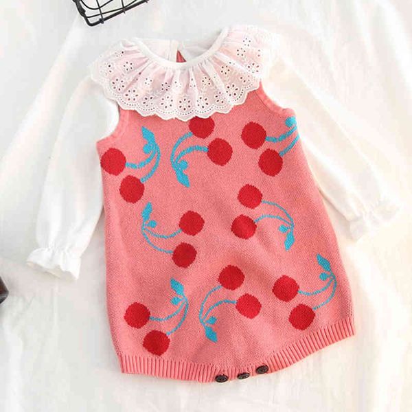 

spring autumn born boys girls cherry sleeveless jumpsuits clothes baby rompers knitted children 210429, Blue