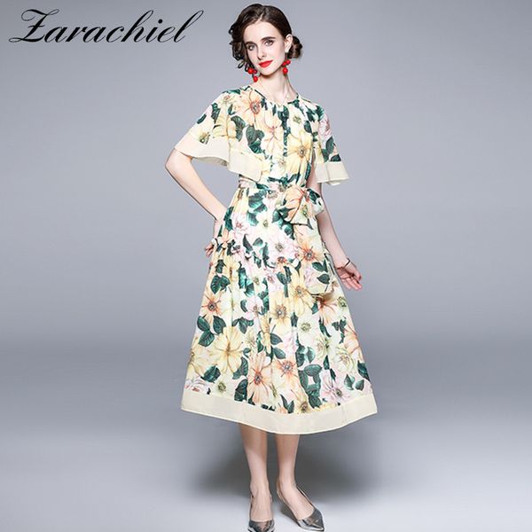 Summer Runway Beach Boho Holiday Holiday Bloak Sleeve O-pescoço Floral Impressão Elegante Sashes Party Chiffon Vestido 210416