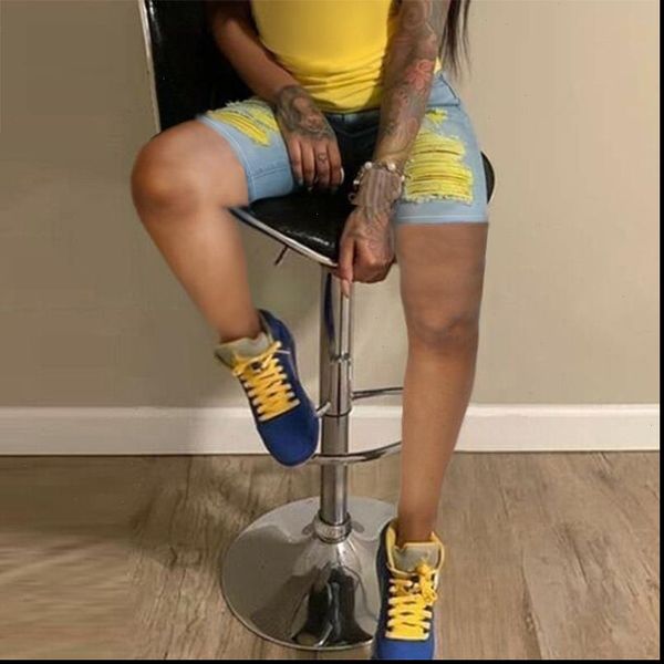 

women short summer broken denim shorts ripped yellow woman high waisted femme slim fit pantalones cortos de mujer, White;black