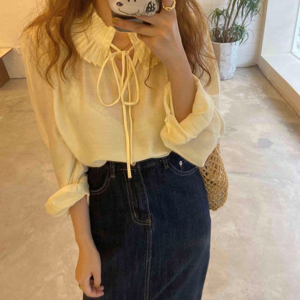 

two piece dress chiffon female solid 2021 retro chic office lady vintage loose fashion all match streetwear shirts blouses 6pka, White