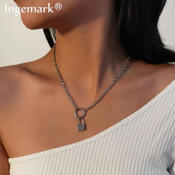 

pendant necklaces vintage simple lover lock choker necklace punk cuban silver color stainless steel long chain for women jewelry