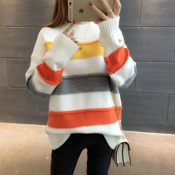 

women's sweaters loose print stripe knit sweater female student clothing wild korean thick 2021 autumn and winter women pullovers 9657, White;black