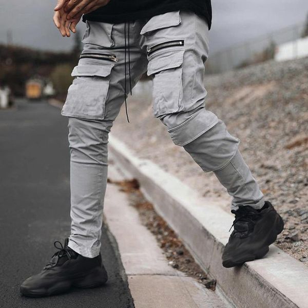

men's pants running trousers cargo multi-pocket small feet slim tooling casual outdoor windproof warm, Black
