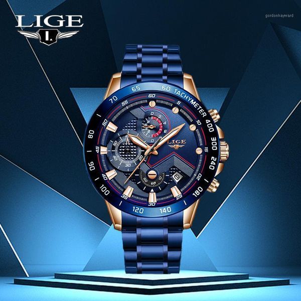 

wristwatches lige 2021 quartz watch men chronograph sport military mens watches fashion stainless steel band wristwatch relogio masculino, Slivery;brown