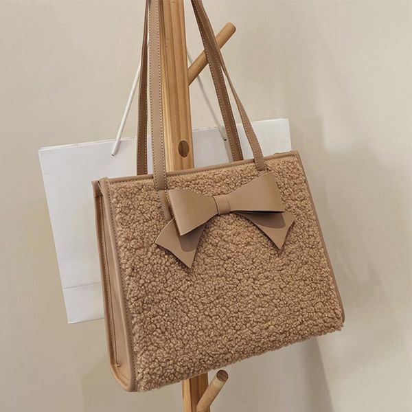 

evening bags winter women's plush shoulder bag luxury designer pu leather ladies handbag pure color wool bow female tote