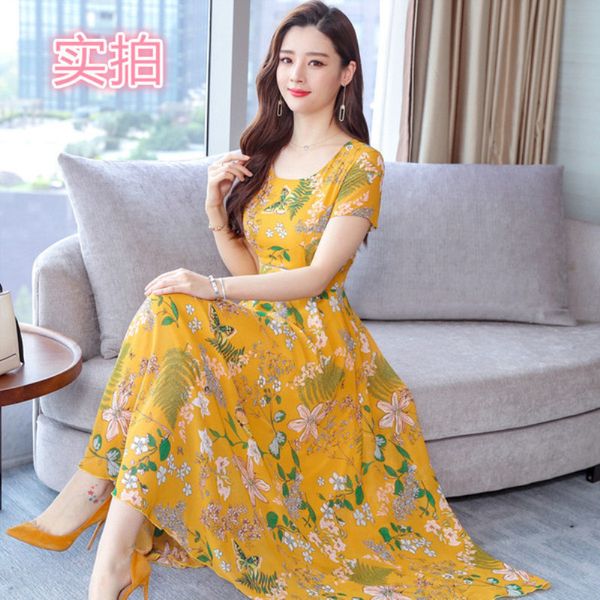 

factoryfswq temperament summer short sleeve dress women's thin floral round neck mid length skirt for the elderly, White;black