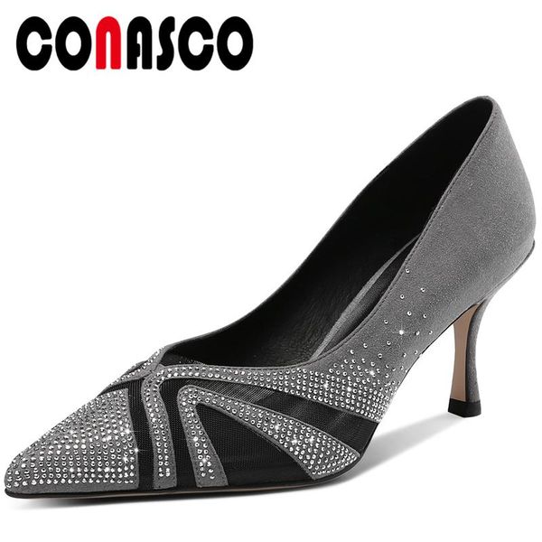 

dress shoes conasco fashion women pumps kid suede spring summer rhinestone mesh high heels wedding night club casual woman, Black