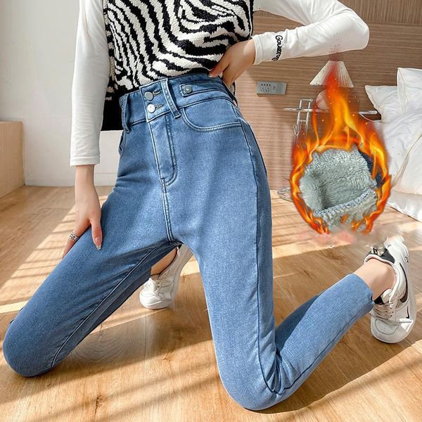 

women's jeans korean winter women plus velvet skinny slim stretch fashion high waist double buckle blue fleece pencil denim pants