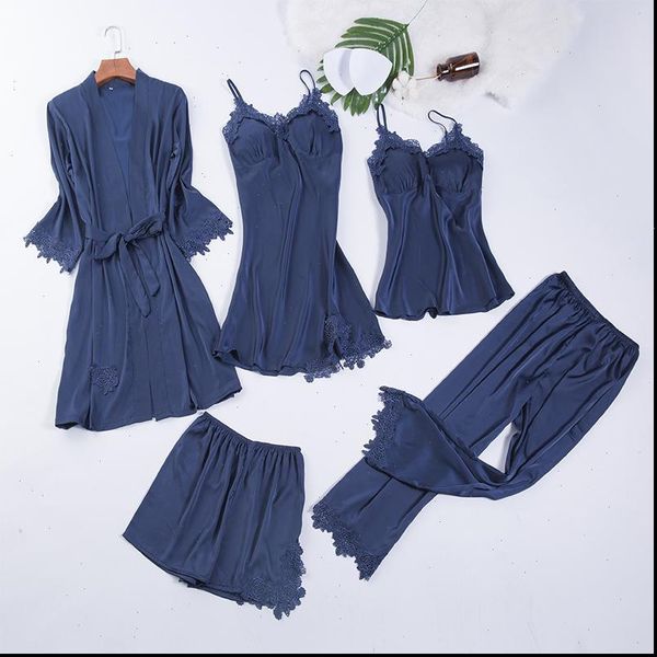 

v neck nightgown sleep set womens sleepwears navy blue 5pcs nightwear lace pajamas strap sleepwear robe gown lounge sleeveless nighties, Black;red