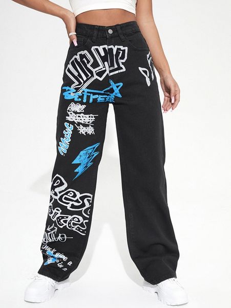 

graffiti print high waist wide leg jeans m0bj#, Blue