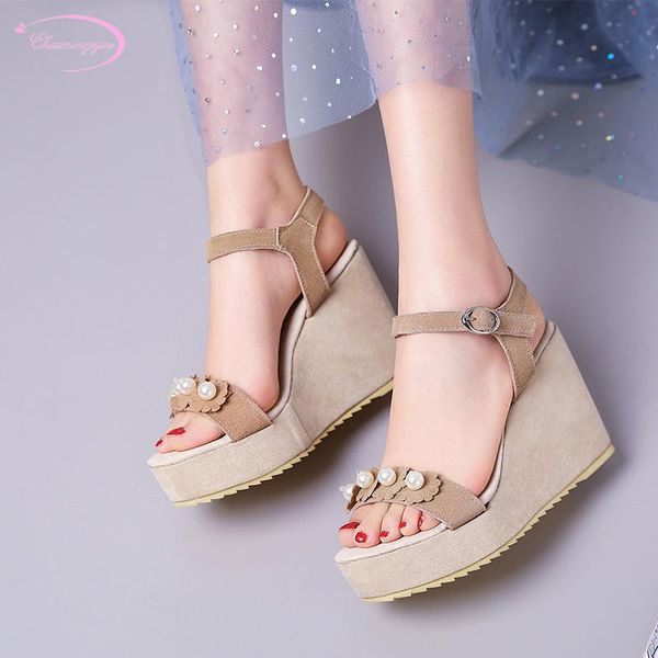 

british college style natural leather suede summer sandals fashion beaded flower belt buckle platform high heel women's shoes, Black