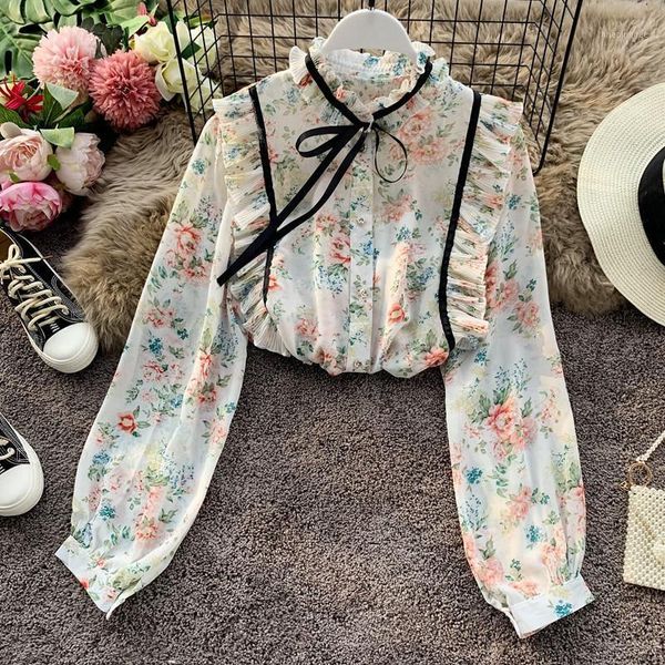 

women's & shirts spring autumn women long sleeve blouse sweet floral print chiffon blouses female tie bow ruffles shirt short a19461 r, White