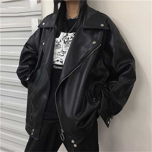 

iefb /men's wear autumn fashion streetwear black pu leather oversize jacket loose zipper korean hip hop coat 9y1188 211110