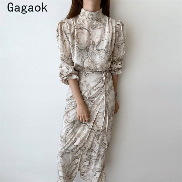 

women vintage sheath dress summer stand empire full print mid-calf slim chic bodycon wild fashion dresses 210531, Black;gray