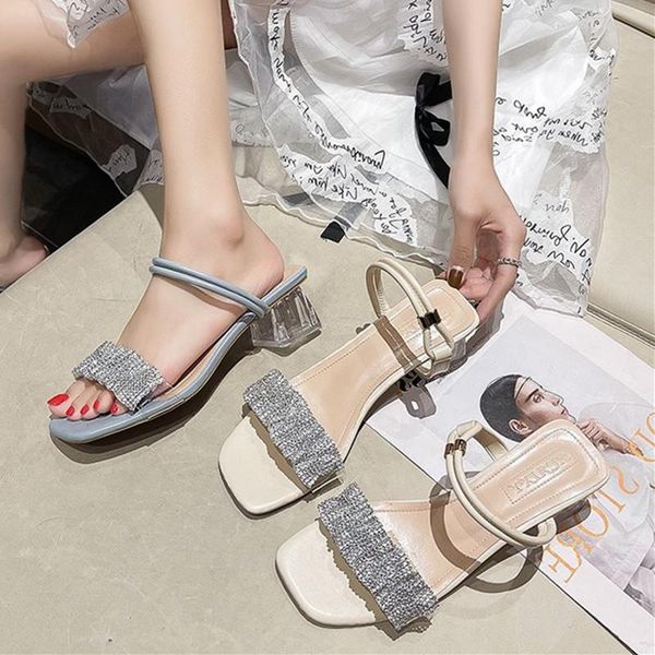 

slippers women summer med slides high-heeled shoes lady fashion pantofle square heel soft luxury 2021 block pu basic rome scanda, Black