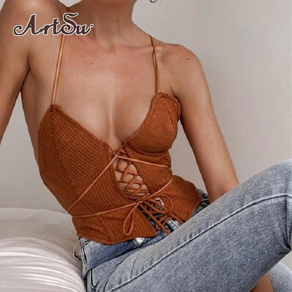 

women's tanks & camis vintage fashion bandage straps crop women elegant ribbed hollow out backless sleeveless streetwear, White