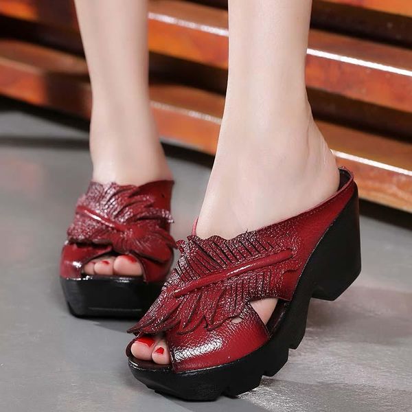 

slippers alishinrey summer women slipper ethnic style 2021 genuine leather handmade flower wedges shoes, Black