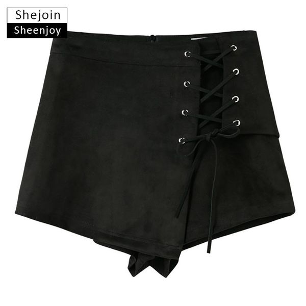 

women's shorts shejoinsheenjoy summer suede leather lace up women autumn casual skirts back zipper vintage ladies bottoms, White;black