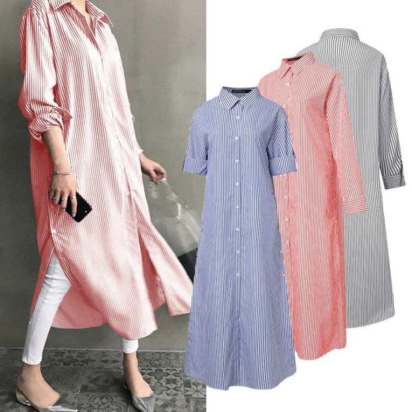 

women midi dresses 2021 ladies fashion shirt vestidos zanzea autumn turn down collar sundress plus size 5xl casual striped robe, Black;gray