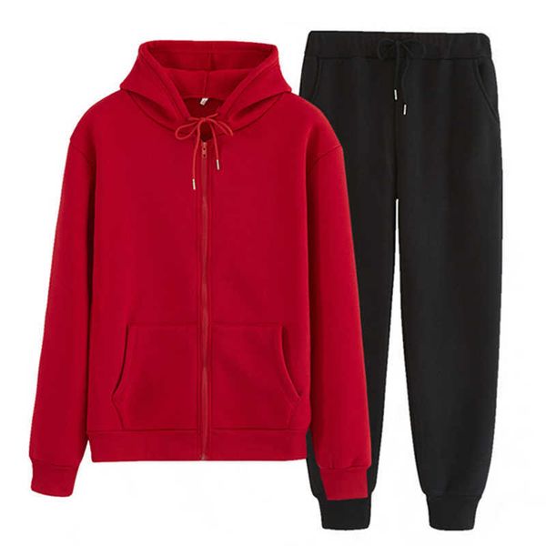 

women tracksuit men 2 pieces set autumn winter hooded sweatshirt+pants solid color zipper with pockets sportswear outfits 210930, White