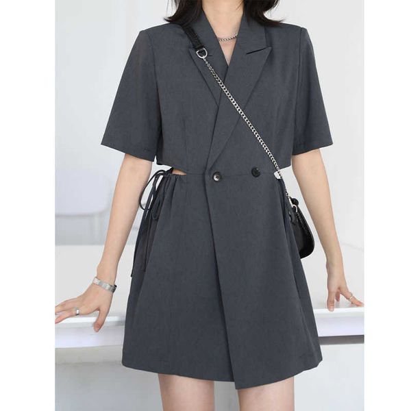 

jing "mo sheng" temperament careful machine bandage waist exposed v-neck short sleeve suit drs summer 2021, Black