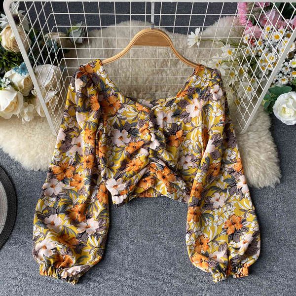 

women's blouses & shirts korean retro square collar floral print chiffon shirt spring slim long sleeve short blouse l026 ki6k, White