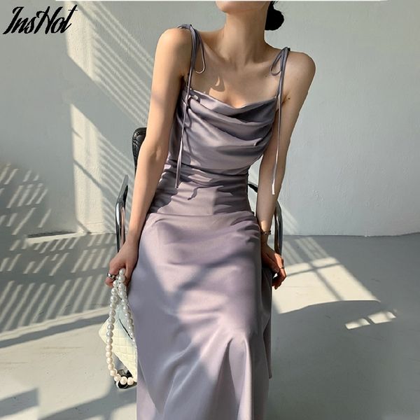 

elegant chic slash neck sleeveless women solid stain dress summer spaghetti strap lace-up slim waist ladies vestidos 210514, Black;gray