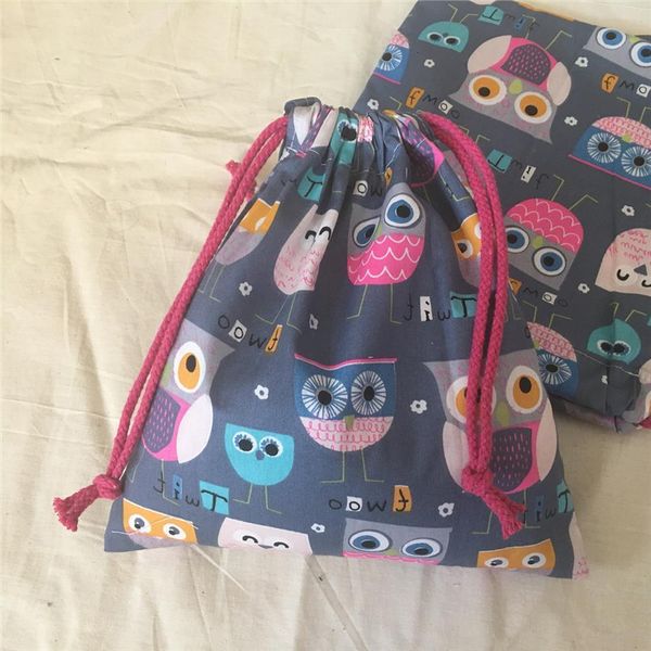 

yile cotton twill fabric cosmetic bags handmade pouch drawstring multi purpose bag party bagprint cup owls gray base n630d