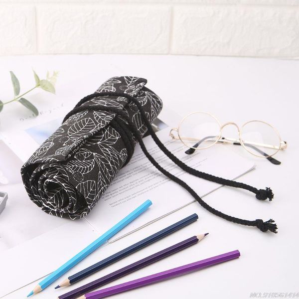

pencil cases beautiful leaf school case roller 12/24/36/48/72 holes canvas roll up makeup pen bag for girls ag12 21 dropship