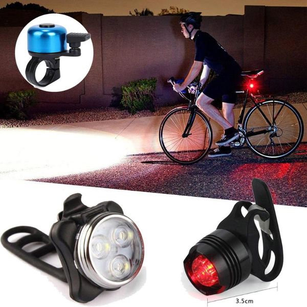 

super bright usb led bike bicycle light rechargeable headlight +taillight +bell warning lights for cycling accessories 8.28