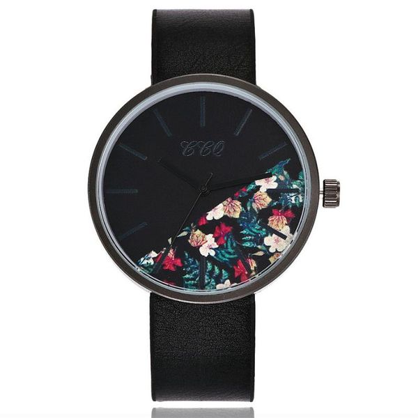 

wristwatches drop women floral pattern wrist watches luxury black case leather strap quartz watch relogio feminino, Slivery;brown