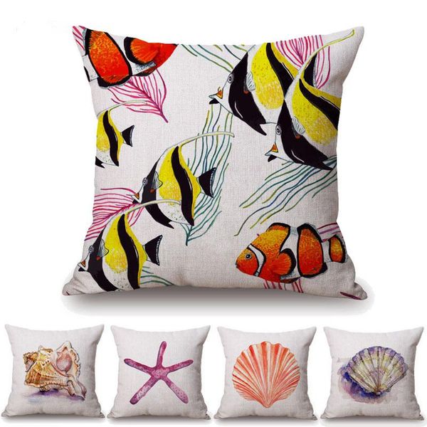 

cushion/decorative pillow colorful fish red shell starfish cushion cover marine life animals throw case beige linen sofa decoration 45x45cm