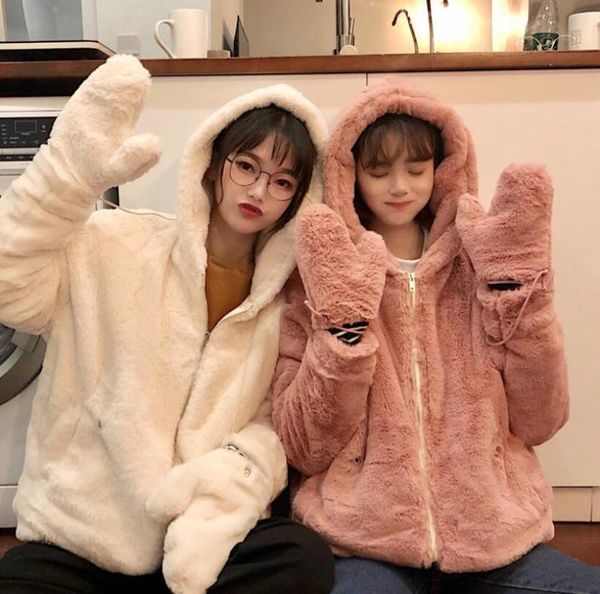 

women's jackets 2021 winter sweet loose hooded plush thick coat, Black;brown